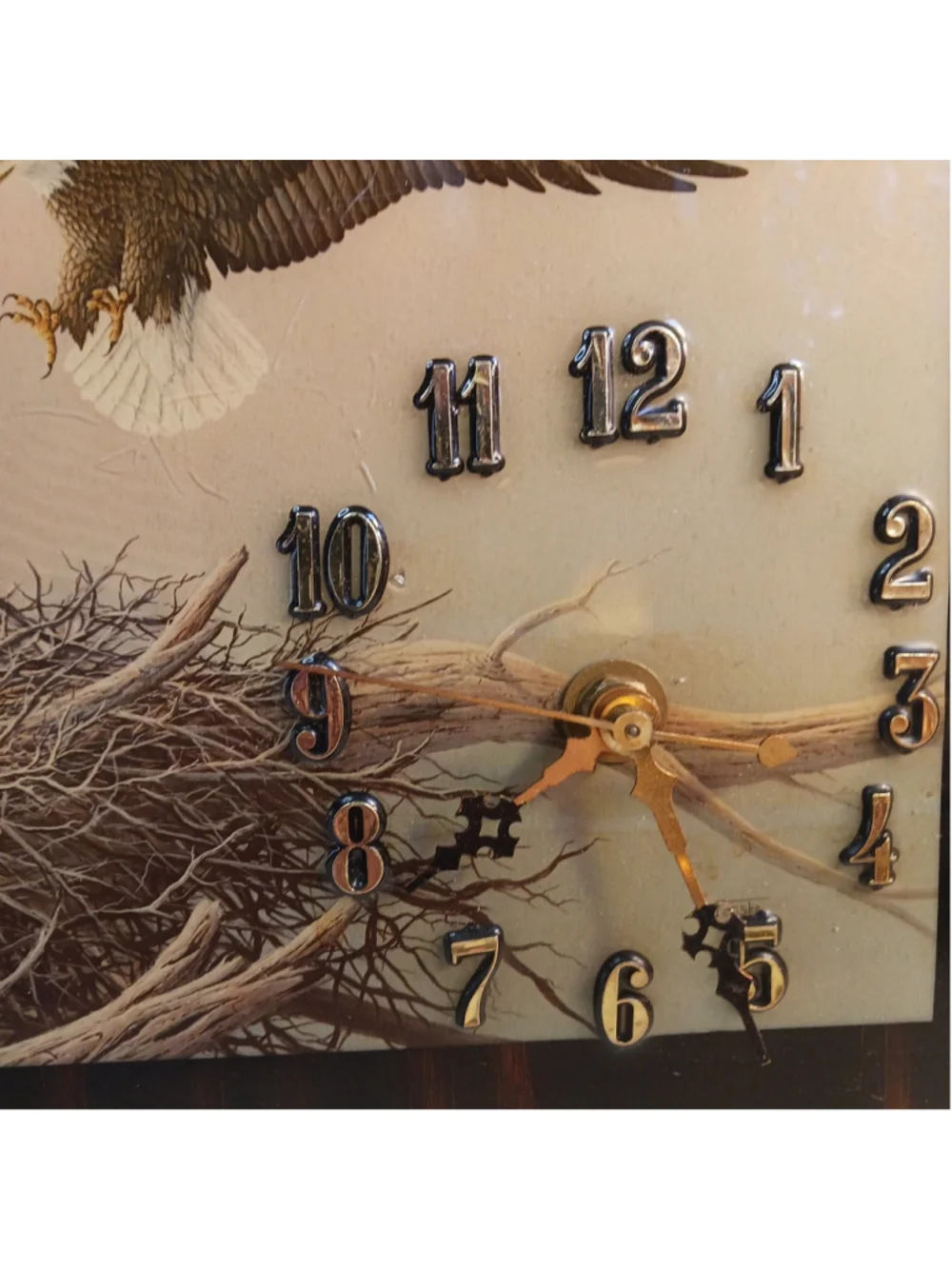 VTG 80s Lacquered Eagle On Nest Clock Wood Plaque Retro HD4829